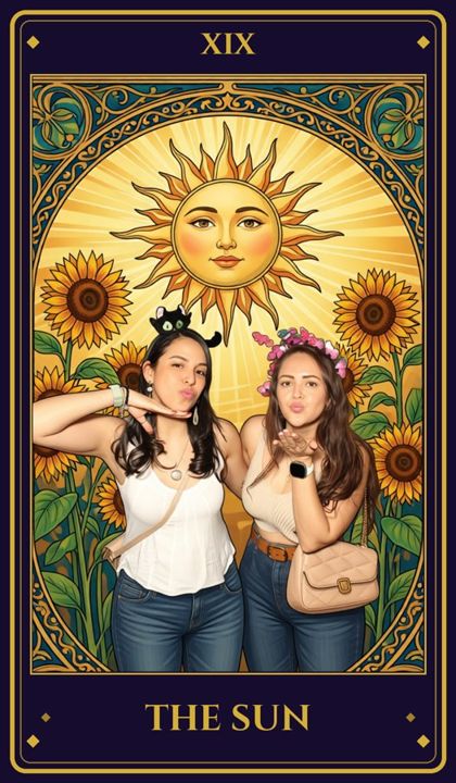 A booth photo in the Tarot Card style